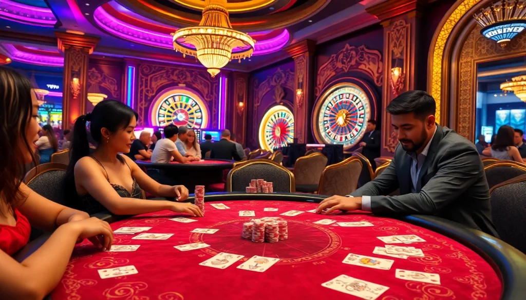 Players engaging in đánh bài đổi thưởng at a luxurious casino poker table, with vibrant chips and cards.