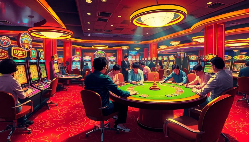Players enjoying *đánh bài đổi thưởng* at a bustling casino, highlighting poker and roulette action.